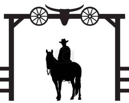 Illustration for A cowboy in silhouette is astride his horse under a unique ranch entrance gate - Royalty Free Image