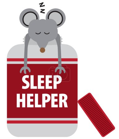 Illustration for A cartoon mouse has gotten into a bottle of sleeping pills and is conked out - Royalty Free Image