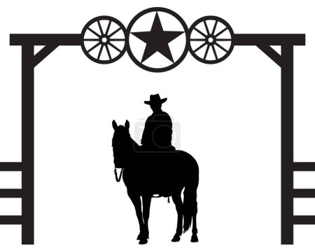 A cowboy in silhouette is sitting astride his horse under a decorative ranch entrance gate
