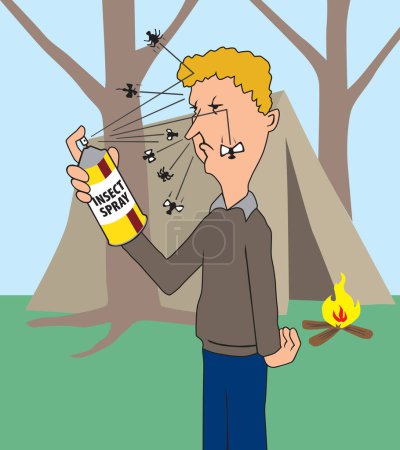 A cartoon camper just discovered that he bought the wrong insect spray
