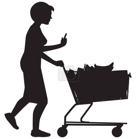 A woman is checking her mobile phone while pushing a fully loaded grocery cart