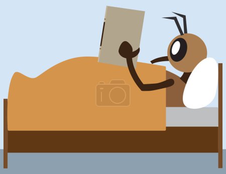 Ilustración de Un bicho de dibujos animados está acostado cómodamente en la cama leyendo un libro - Imagen libre de derechos