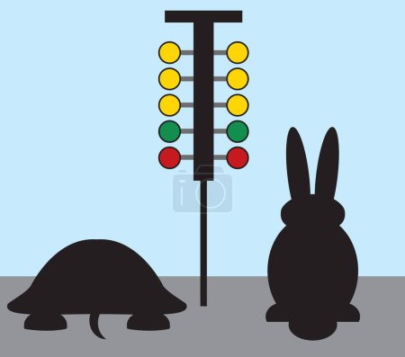 Une tortue de dessin animé et un lièvre en silhouette attendent les lumières de départ dans la grande course