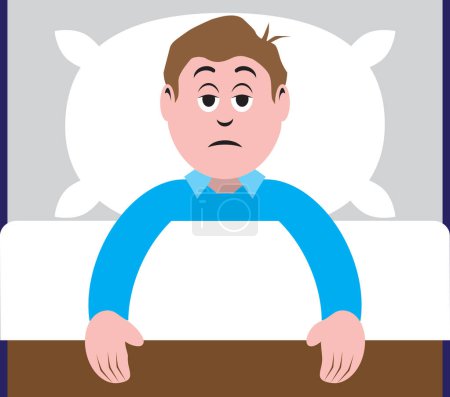 A cartoon man is lying in bed trying to fall asleep