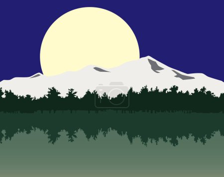 Illustration for The moon is rising over snow covered mountains and shining on a forest and meadow - Royalty Free Image