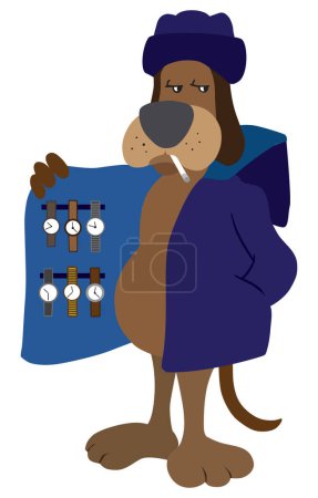 Illustration for A shady street dog is attempting to sell ill gotten gains - Royalty Free Image