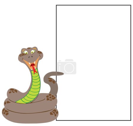 Un serpent de dessin animé très excité pointe vers un panneau avec de la place pour la copie