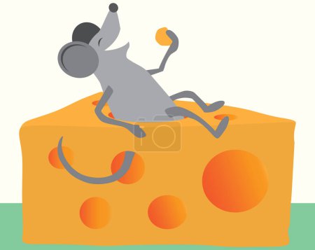 Une souris de dessin animé se bourre d'une brique de fromage