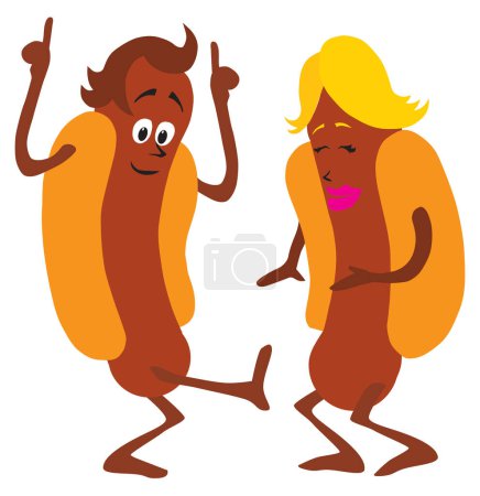 Two cartoon hot dogs are dancing up a storm