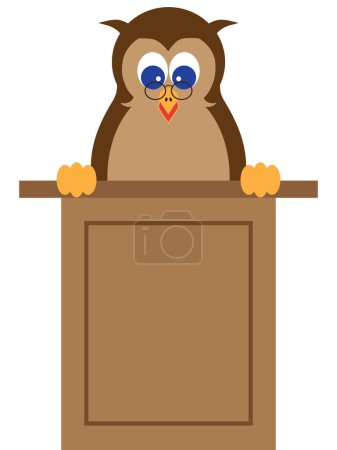 A cartoon owl is at a podium making a speech
