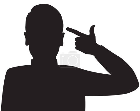 A cartoon man in silhouette is pretending to point a gun at his head