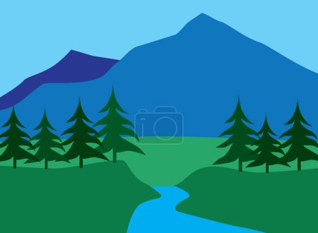 A scenic landscape that includes trees, mountains and a creek