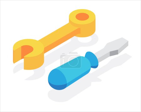 Illustration for Repair tools, screwdriver and wrench. Flat, 3d, vector, isometric, cartoon style illustration isolated on white background - Royalty Free Image