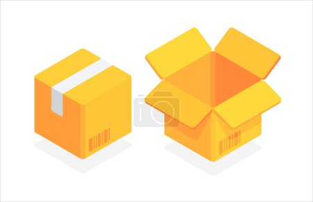 Illustration for Carton delivery packaging open and closed box with barcode. Cardboard box. Flat 3d vector isometric illustration isolated on white background - Royalty Free Image