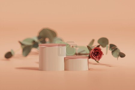Photo for 3D podium display, pastel pink background with rose flowers. White candle and palm leaf shadow. Minimal pedestal for beauty,cosmetic product. Valentine, feminine copy space template 3d render - Royalty Free Image