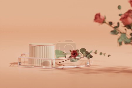 Photo for 3D podium display, pastel pink background with rose flowers. White candle and palm leaf shadow. Minimal pedestal for beauty,cosmetic product. Valentine, feminine copy space template 3d render - Royalty Free Image