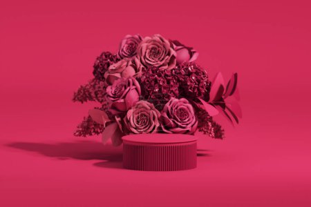 Viva magenta is a trend colour year 2023. 3D podium display with rose flowers and palm leaf .Pedestal for beauty, cosmetic product. Valentine, feminine copy space template 3d render