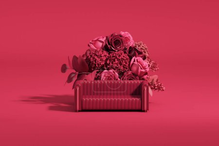 Viva magenta is a trend colour year 2023. Red armchair with rose flowers and palm leaf .Pedestal for beauty, cosmetic product. Valentine, feminine copy space template 3d render