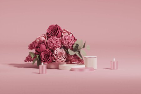 Photo for 3D podium display, pastel pink background with rose flowers. Peonies flower and palm leaf shadow. Minimal pedestal for beauty, cosmetic product. Valentine, feminine copy space template 3d render - Royalty Free Image