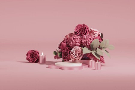 Photo for 3D podium display, pastel pink background with rose flowers. Peonies flower and palm leaf shadow. Minimal pedestal for beauty, cosmetic product. Valentine, feminine copy space template 3d render - Royalty Free Image