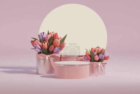 Foto de 3D podium display, pastel purple background with tulip flowers. Tulip flower and palm leaf. Minimal pedestal for beauty, cosmetic product. Valentine, feminine copy space template 3d render - Imagen libre de derechos