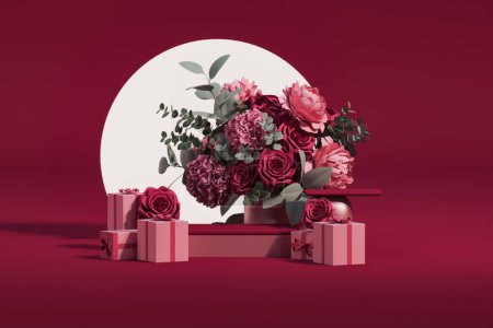 Photo for Viva magenta is a trend colour year 2023. 3D podium display with rose flowers and gifts, palm leaf .Pedestal for beauty, cosmetic product. Valentine, feminine copy space template 3d render - Royalty Free Image