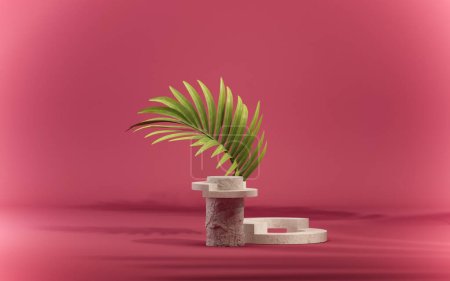 Viva magenta is a trend colour year 2023. 3D background, red circle podium, rose flower, palm leaf branch shadow. Cosmetic or beauty product promotion step pedestal. Abstract 3D render template. top view