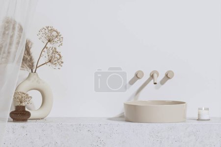 Téléchargez les photos : 3D rendre l'espace vide sur le comptoir de l'unité de vanité en pierre dans la salle de bain avec évier en porcelaine blanche avec robinet, décor en herbe pampa séchée avec des rideaux blancs soufflants, la lumière du soleil. - en image libre de droit