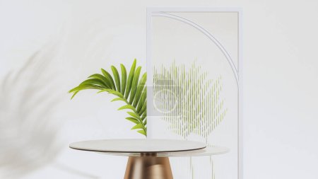 3D render empty blank marble round products stand with clear mirror effect reeded glass shower screen and tropical green monstera plant. Natural beauty concept, Backdrop, Mock up, Bathroom, Podium.