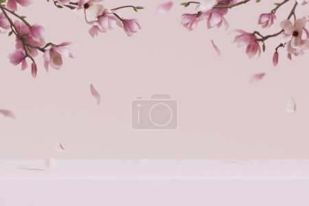 Foto de 3D background, pink podium display. Sakura pink flower falling. Cosmetic or beauty product promotion step floral, pastel pedestal. Abstract minimal advertise. 3D render copy space spring mockup. - Imagen libre de derechos