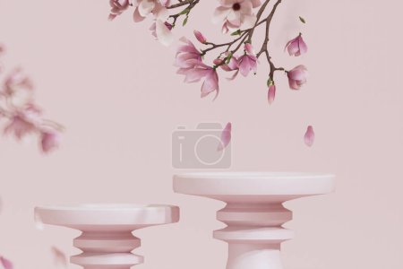 Foto de Fondo 3D, pantalla de podio rosa. Sakura flor rosa cayendo. Paso cosmético o de promoción de productos de belleza floral, pedestal pastel. Publicidad mínima abstracta. 3D copia de renderizado espacio primavera maqueta. - Imagen libre de derechos