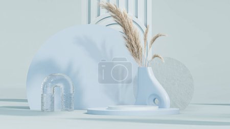 Foto de 3D podio de renderizado con pared de vidrio, hojas secas de plantas, escaparate con sombras sobre fondo azul pastel Escenario escaparate sobre pantalla de pedestal estudio beige, exposiciones, cosméticos de productos - Imagen libre de derechos