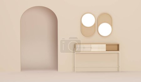 Photo for Creative concept for makeup artist, beauty studio. Woman makeup shelve with mirror monochrome in pastel beige color. Light background with space for copy. 3d rendering for web page, presentation - Royalty Free Image