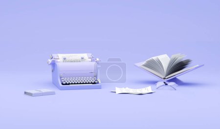 Photo for Stack of books with typewriter machine, headphones isolated on pastel purple background. Audiobook concept. Minimal composition for social media and workplace concept - Royalty Free Image