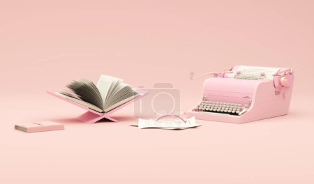 Photo for Stack of books with typewriter machine, headphones isolated on pastel pink background. Audiobook concept. Minimal composition for social media and workplace concept - Royalty Free Image