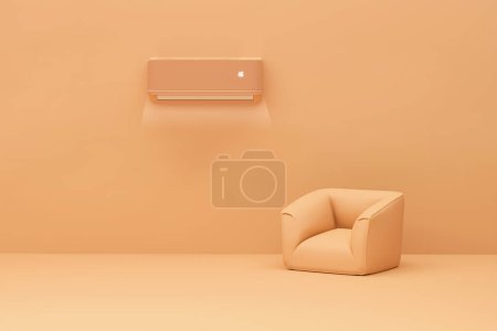 Photo for Air conditioner and armchair on pastel orange background. Control air conditioner concept. Cool and cold climate control system. Minimalism concept on peach fuzz background - Royalty Free Image
