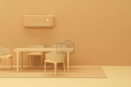 Photo for Air conditioner and table chair on pastel yellow background. Control air conditioner concept. Cool and cold climate control system. Minimalism concept on peach fuzz background - Royalty Free Image