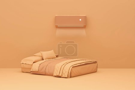 Photo for Air conditioner and bed on pastel orange background. Control air conditioner concept. Cool and cold climate control system. Minimalism concept on peach fuzz background - Royalty Free Image