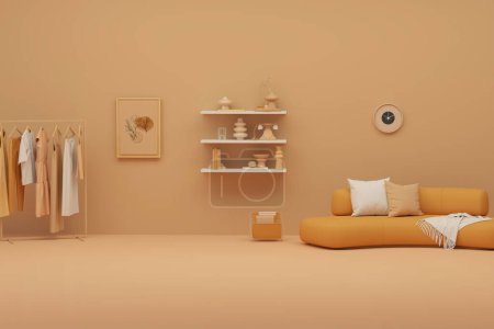 Pared interior maqueta en tonos cálidos con estante mínimo con decoración de arte, reloj, ropa, bicicleta, lámpara en color melocotón pelusa y fondo naranja. Representación 3D, ilustración.