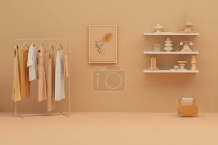 Photo for Interior wall mockup in warm tones with minimal shelf with art decoration, clock, clothing, bike, lamp on peach fuzz color and orange background. 3D rendering, illustration. - Royalty Free Image