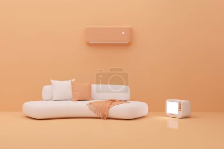 Photo for Air conditioner and armchair on pastel orange background. Control air conditioner concept. Cool and cold climate control system. Minimalism concept on peach fuzz background - Royalty Free Image