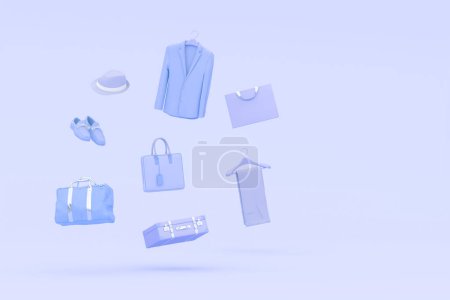 Stylish men accessories on pastel purple color background  floating objects. 3d rendering. Concept of shopping modern male accessories with business suit hat shoes bag.