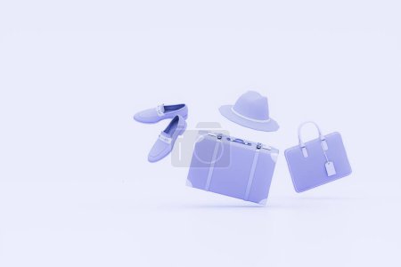 Stylish men accessories on pastel purple color background  floating objects. 3d rendering. Concept of shopping modern male accessories with business suit hat shoes bag.