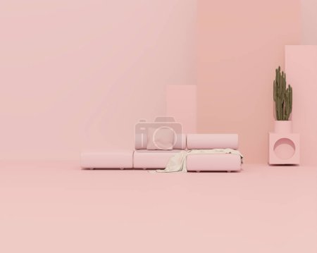 Photo for Creative interior design with vintage scooter, cactus plant, abstract geometric shapes and art armchair. Pastel pink color background. 3D rendering for web page, presentation or social media - Royalty Free Image
