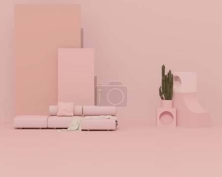 Photo for Creative interior design with vintage scooter, cactus plant, abstract geometric shapes and art armchair. Pastel pink color background. 3D rendering for web page, presentation or social media - Royalty Free Image