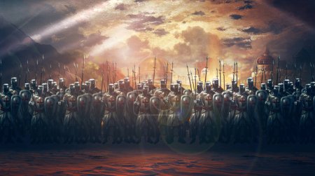 Photo for Army of medieval crusader soldiers on field - Royalty Free Image