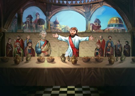 Téléchargez les photos : Jésus et les apôtres le dernier souper, illustration pour les enfants - en image libre de droit