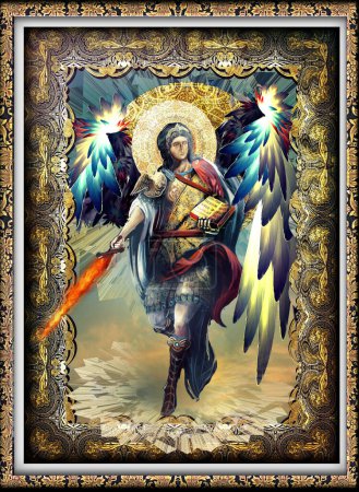 Foto de Icono del arcángel San Miguel con espada ardiente - Imagen libre de derechos