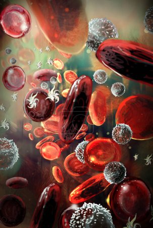 ilustración de las células sanguíneas que fluyen a través de un microscopio