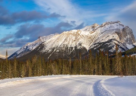 Téléchargez les photos : Chemin de neige vers les montagnes de Canmore - en image libre de droit